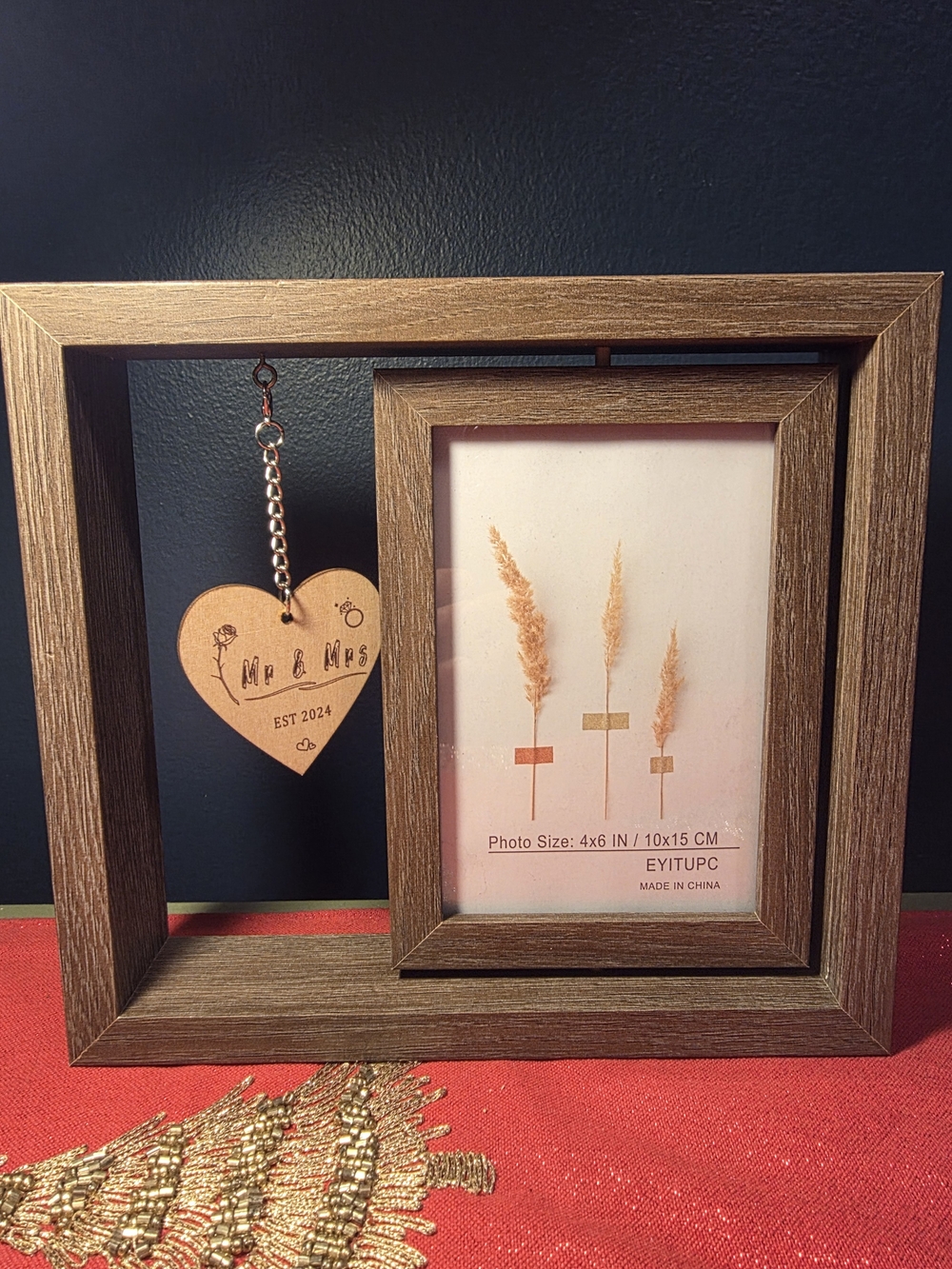 Rustic Brown Double Picture Frame with Hanging Heart Accent